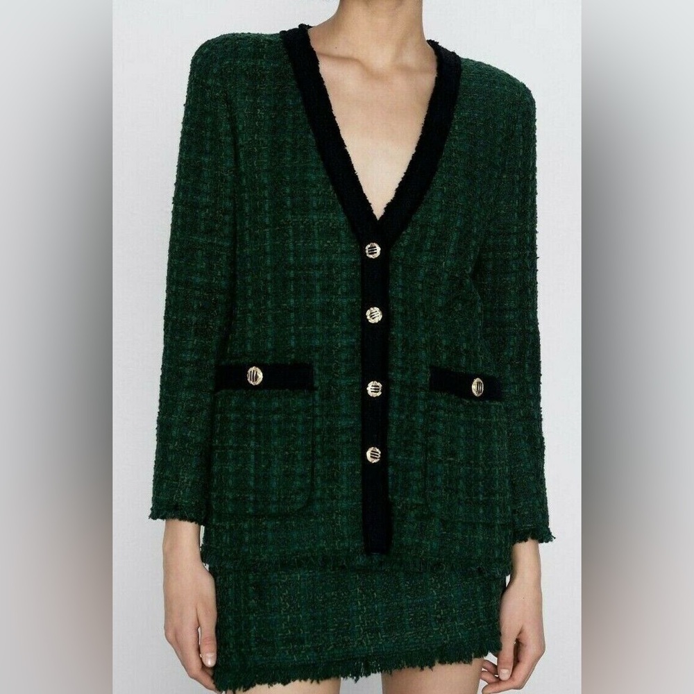 Zara Green Tweed Blazer Jacket with Black Trim Gold Buttons size small